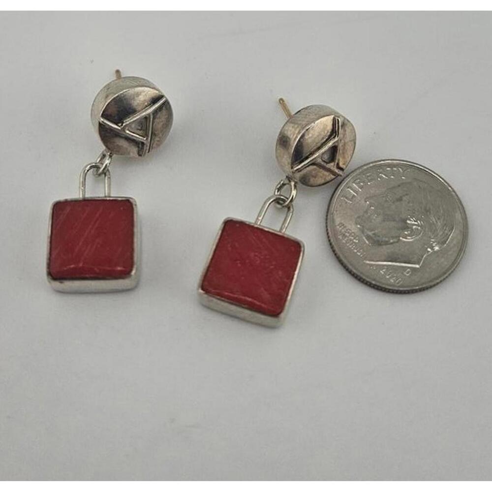 Sterling Silver and red coral or agate stone dangle earrings - Picture 4 of 9